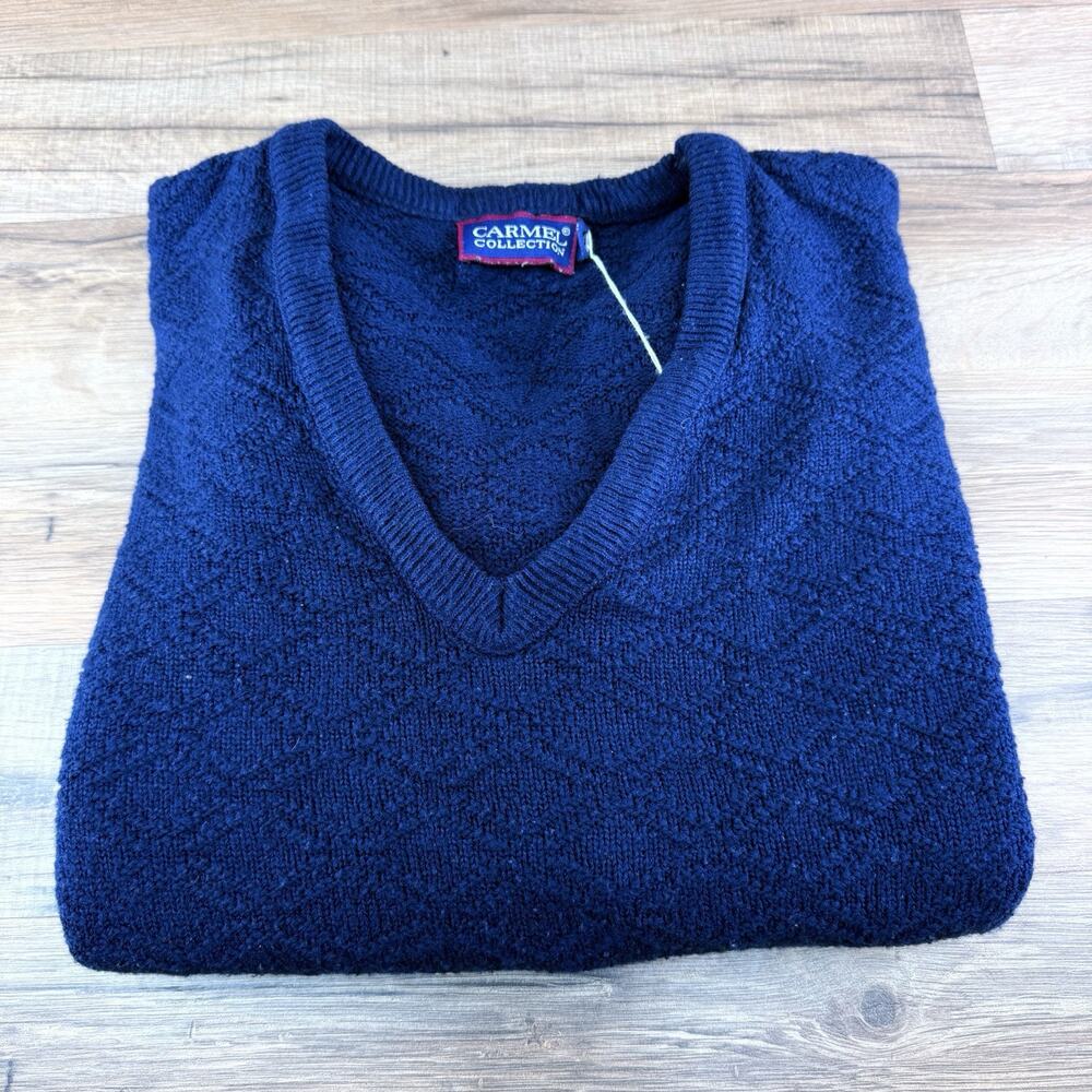 Vintage CARMEL Sweater Mens L LT Blue V-Neck Chunky Knit Wool Sweater USA